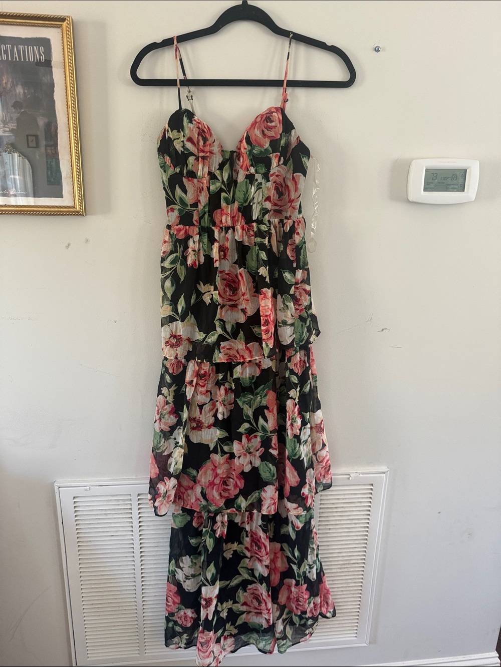 Floral Black Maxi Dress with Pink Roses